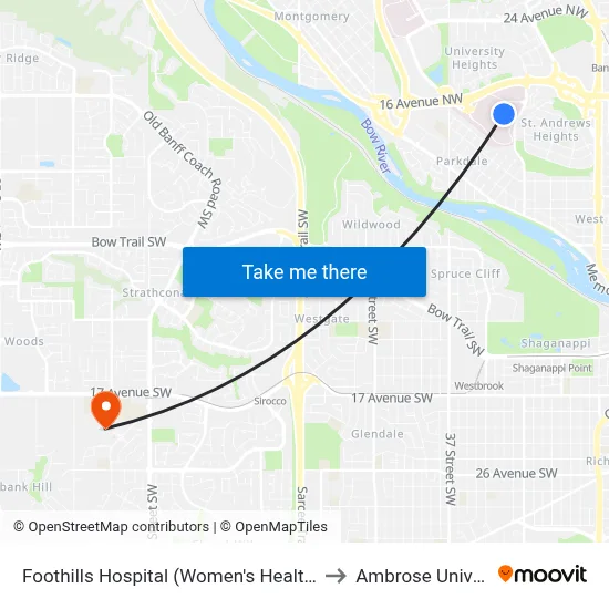 Foothills Hospital (Women's Health Centre) to Ambrose University map