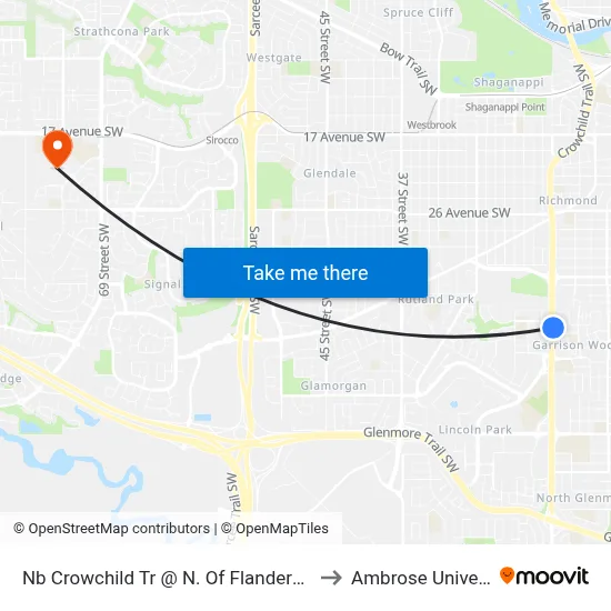 Nb Crowchild Tr @ N. Of Flanders Av SW to Ambrose University map