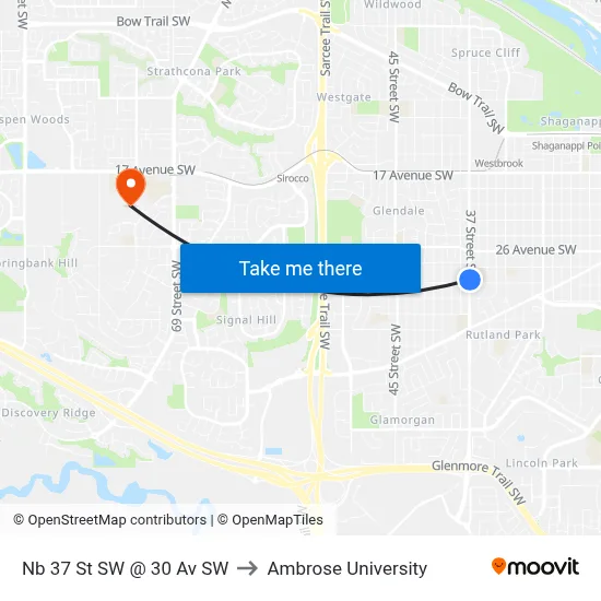 Nb 37 St SW @ 30 Av SW to Ambrose University map