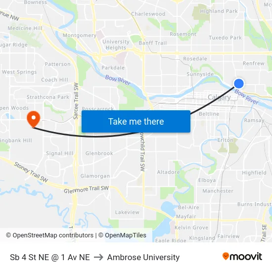 Sb 4 St NE @ 1 Av NE to Ambrose University map