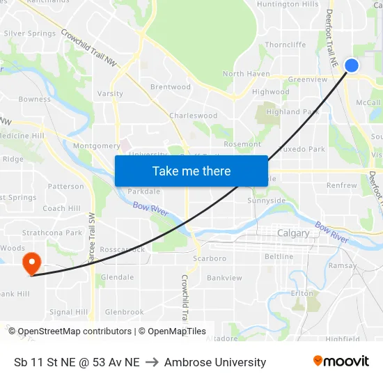 Sb 11 St NE @ 53 Av NE to Ambrose University map