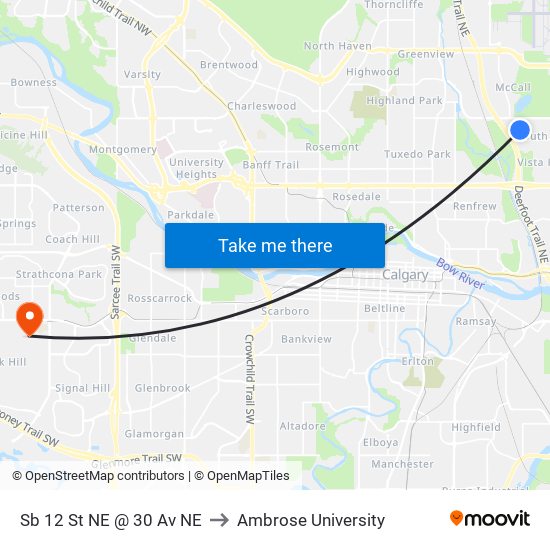 Sb 12 St NE @ 30 Av NE to Ambrose University map