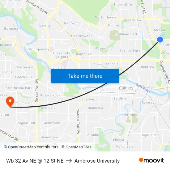 Wb 32 Av NE @ 12 St NE to Ambrose University map
