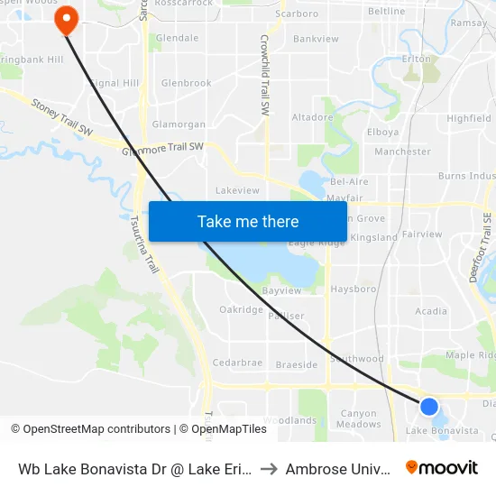 Wb Lake Bonavista Dr @ Lake Erie Rd SE to Ambrose University map