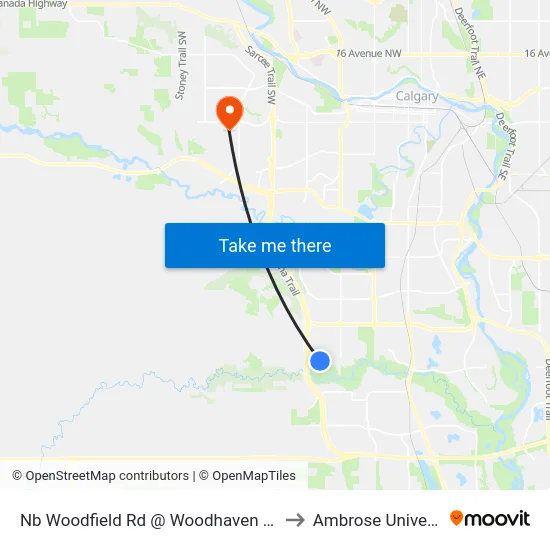 Nb Woodfield Rd @ Woodhaven Rd SW to Ambrose University map