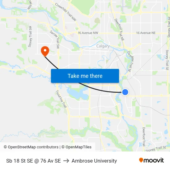 Sb 18 St SE @ 76 Av SE to Ambrose University map