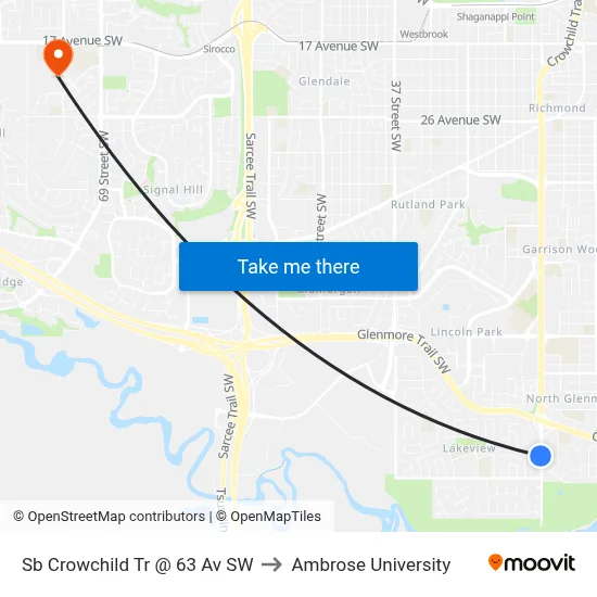 Sb Crowchild Tr @ 63 Av SW to Ambrose University map