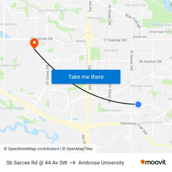 Sb Sarcee Rd @ 44 Av SW to Ambrose University map