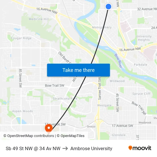 Sb 49 St NW @ 34 Av NW to Ambrose University map