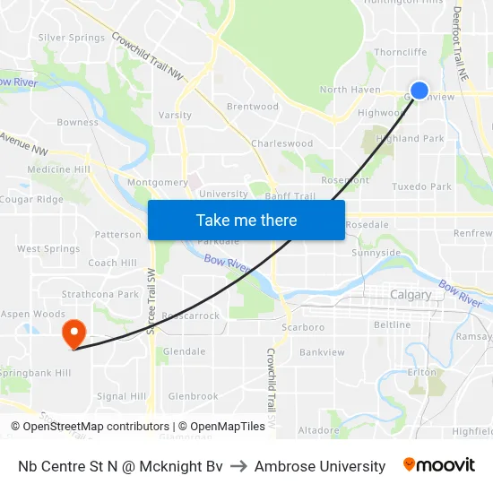 Nb Centre St N @ Mcknight Bv to Ambrose University map