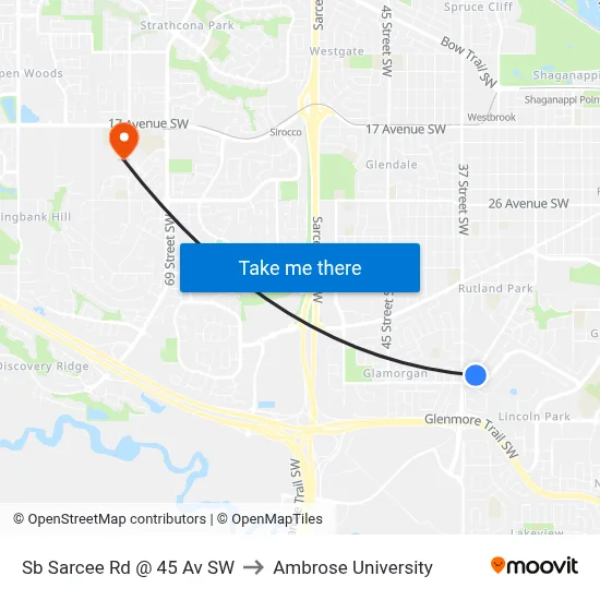 Sb Sarcee Rd @ 45 Av SW to Ambrose University map
