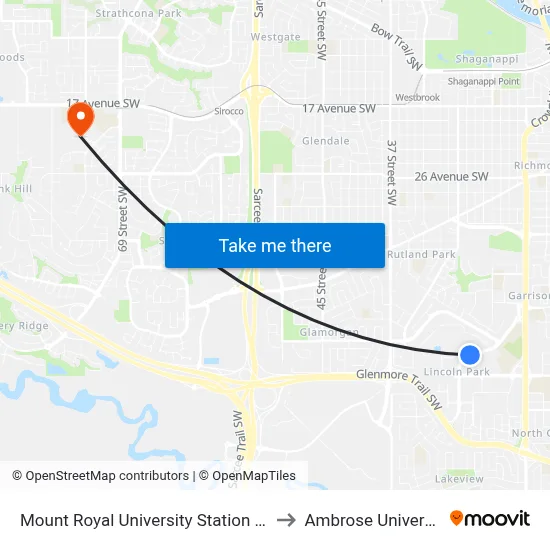Mount Royal University Station (Sb) to Ambrose University map