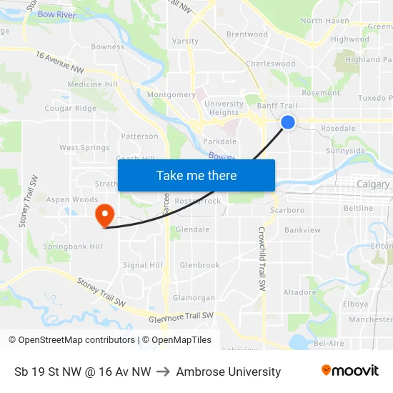 Sb 19 St NW @ 16 Av NW to Ambrose University map