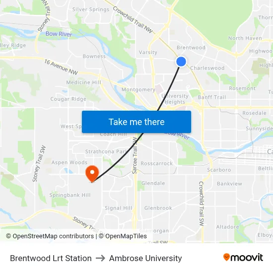 Brentwood Lrt Station to Ambrose University map