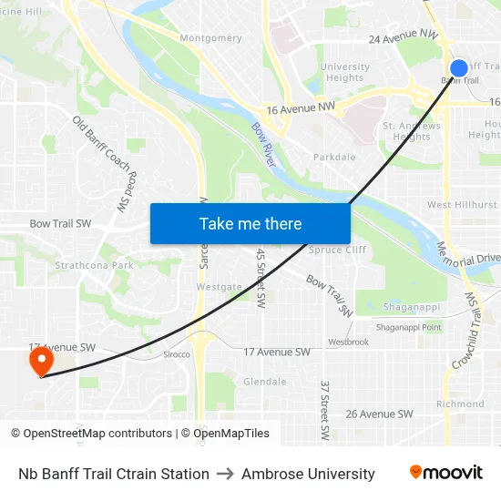 Nb Banff Trail Ctrain Station to Ambrose University map