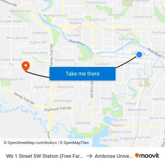 Wb 1 Street SW Station (Free Fare Zone) to Ambrose University map
