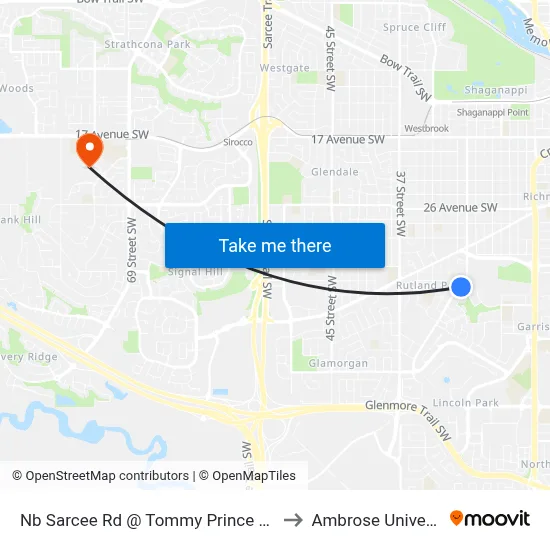 Nb Sarcee Rd @ Tommy Prince Rd SW to Ambrose University map