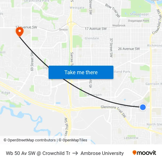Wb 50 Av SW @ Crowchild Tr to Ambrose University map