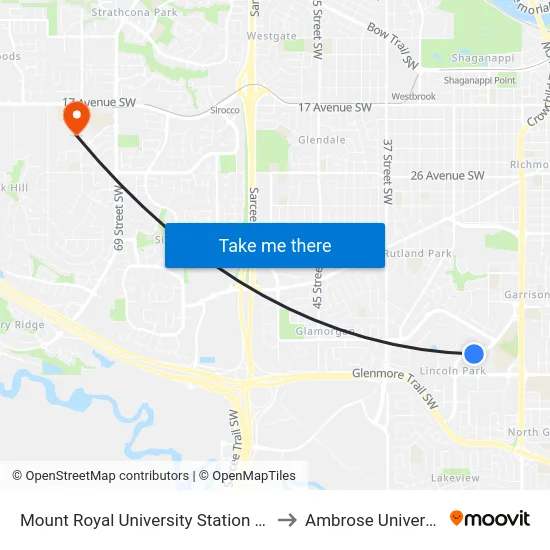 Mount Royal University Station (Nb) to Ambrose University map