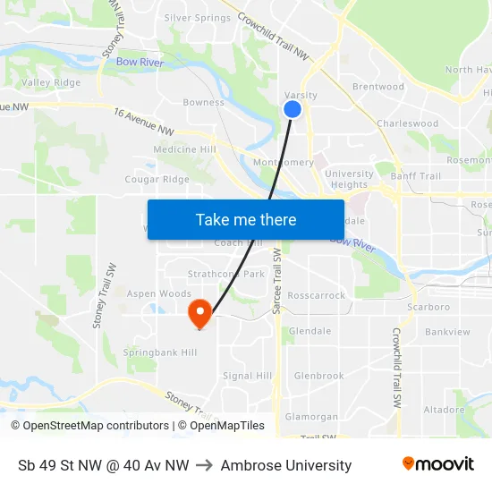 Sb 49 St NW @ 40 Av NW to Ambrose University map