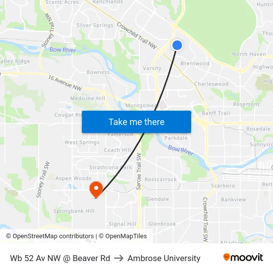 Wb 52 Av NW @ Beaver Rd to Ambrose University map