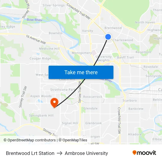 Brentwood Lrt Station to Ambrose University map