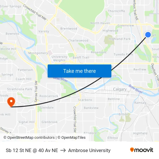 Sb 12 St NE @ 40 Av NE to Ambrose University map