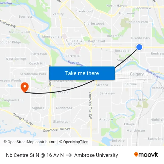 Nb Centre St N @ 16 Av N to Ambrose University map