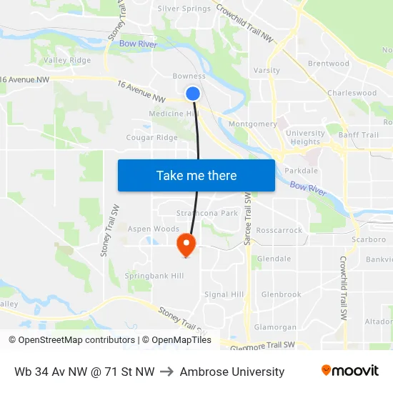 Wb 34 Av NW @ 71 St NW to Ambrose University map