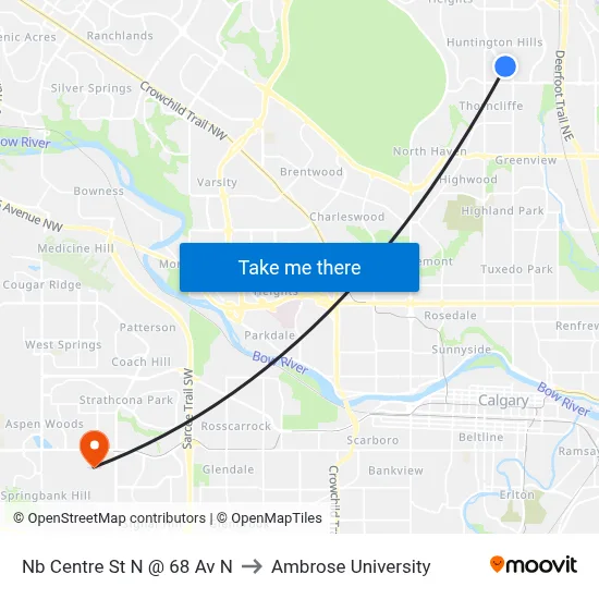 Nb Centre St N @ 68 Av N to Ambrose University map