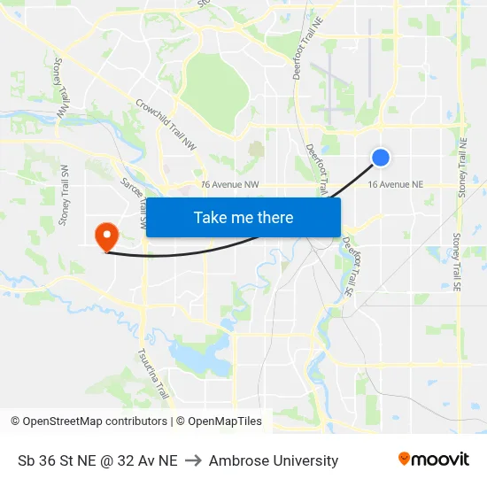 Sb 36 St NE @ 32 Av NE to Ambrose University map