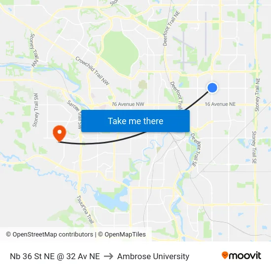 Nb 36 St NE @ 32 Av NE to Ambrose University map
