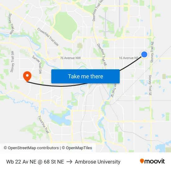 Wb 22 Av NE @ 68 St NE to Ambrose University map