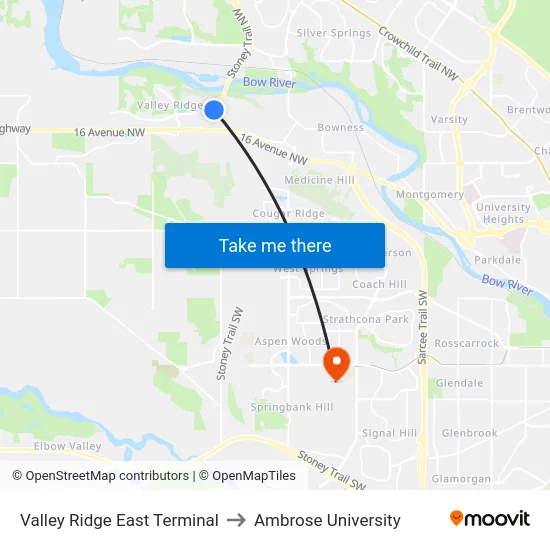 Valley Ridge East Terminal to Ambrose University map