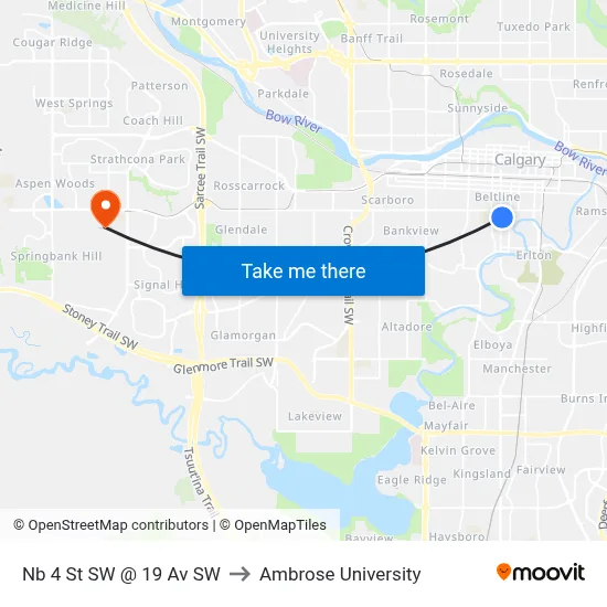 Nb 4 St SW @ 19 Av SW to Ambrose University map