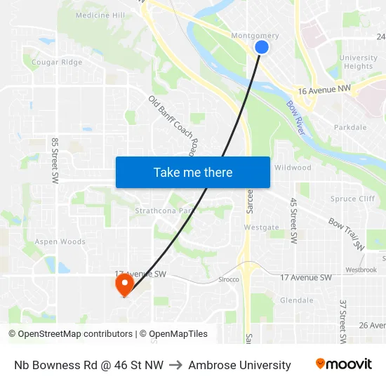 Nb Bowness Rd @ 46 St NW to Ambrose University map