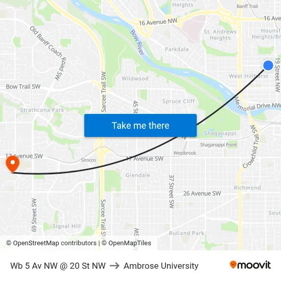 Wb 5 Av NW @ 20 St NW to Ambrose University map