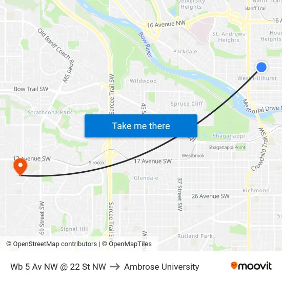 Wb 5 Av NW @ 22 St NW to Ambrose University map