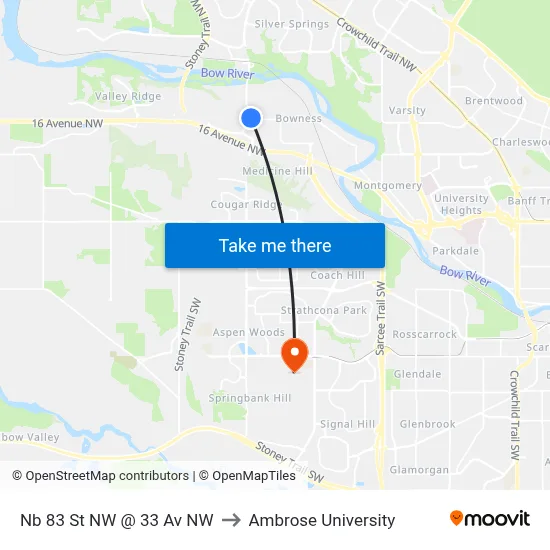Nb 83 St NW @ 33 Av NW to Ambrose University map
