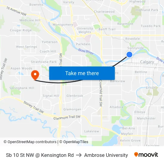 Sb 10 St NW @ Kensington Rd to Ambrose University map
