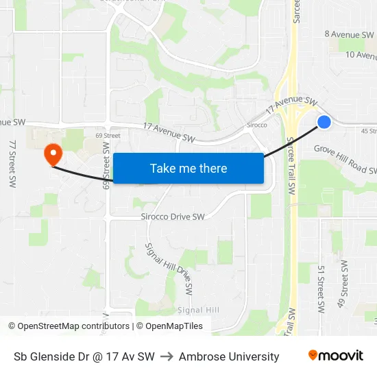 Sb Glenside Dr @ 17 Av SW to Ambrose University map