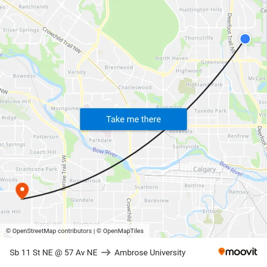Sb 11 St NE @ 57 Av NE to Ambrose University map