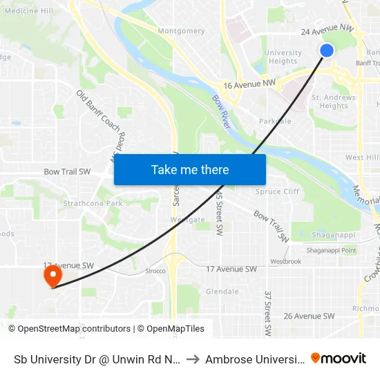 Sb University Dr @ Unwin Rd NW to Ambrose University map
