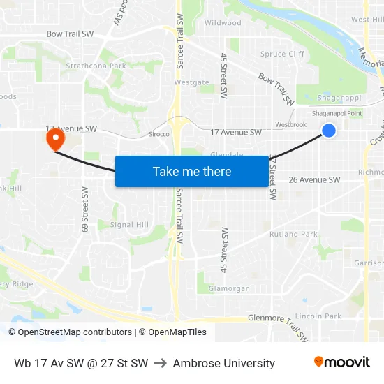 Wb 17 Av SW @ 27 St SW to Ambrose University map