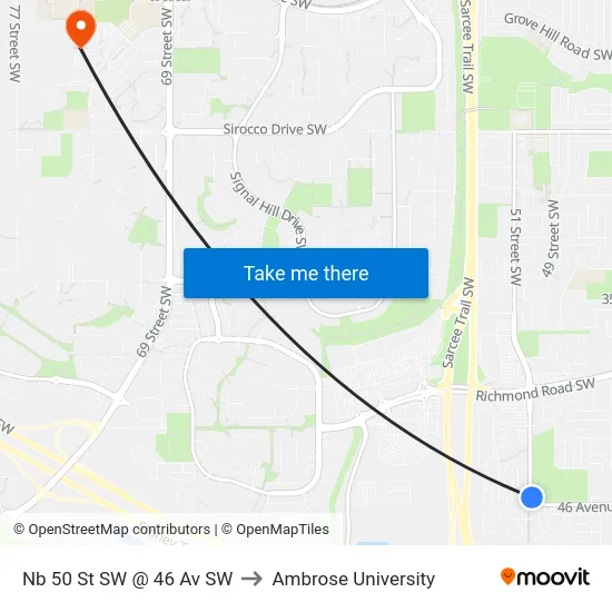 Nb 50 St SW @ 46 Av SW to Ambrose University map