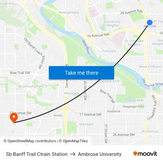 Sb Banff Trail Ctrain Station to Ambrose University map