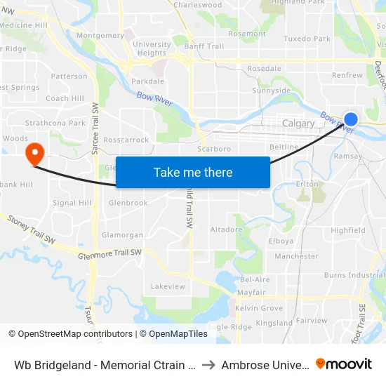Wb Bridgeland - Memorial Ctrain Station to Ambrose University map