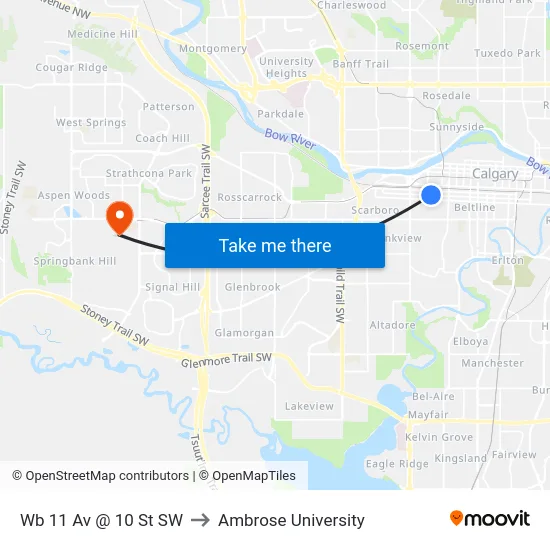 Wb 11 Av @ 10 St SW to Ambrose University map