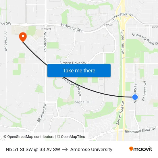 Nb 51 St SW @ 33 Av SW to Ambrose University map