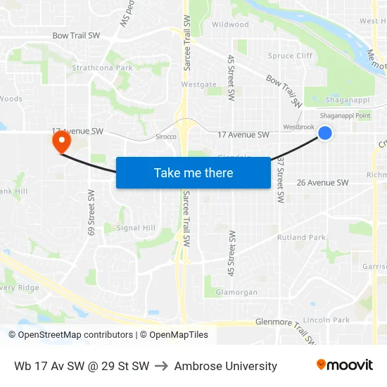 Wb 17 Av SW @ 29 St SW to Ambrose University map